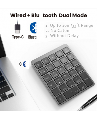28 Keys Aluminum Alloy 2 Mode Blu-tooth Wireless and Wired Numeric Keypad with USB HUB