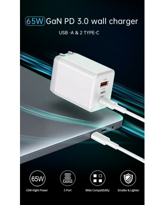 Wholesale KC ETL UKCA PSE SAA Fhome Charger AC 65W Quick Type C PD USB GaN Charger with QC 4.0 3.0 Fast Charge EU US UK AU plug